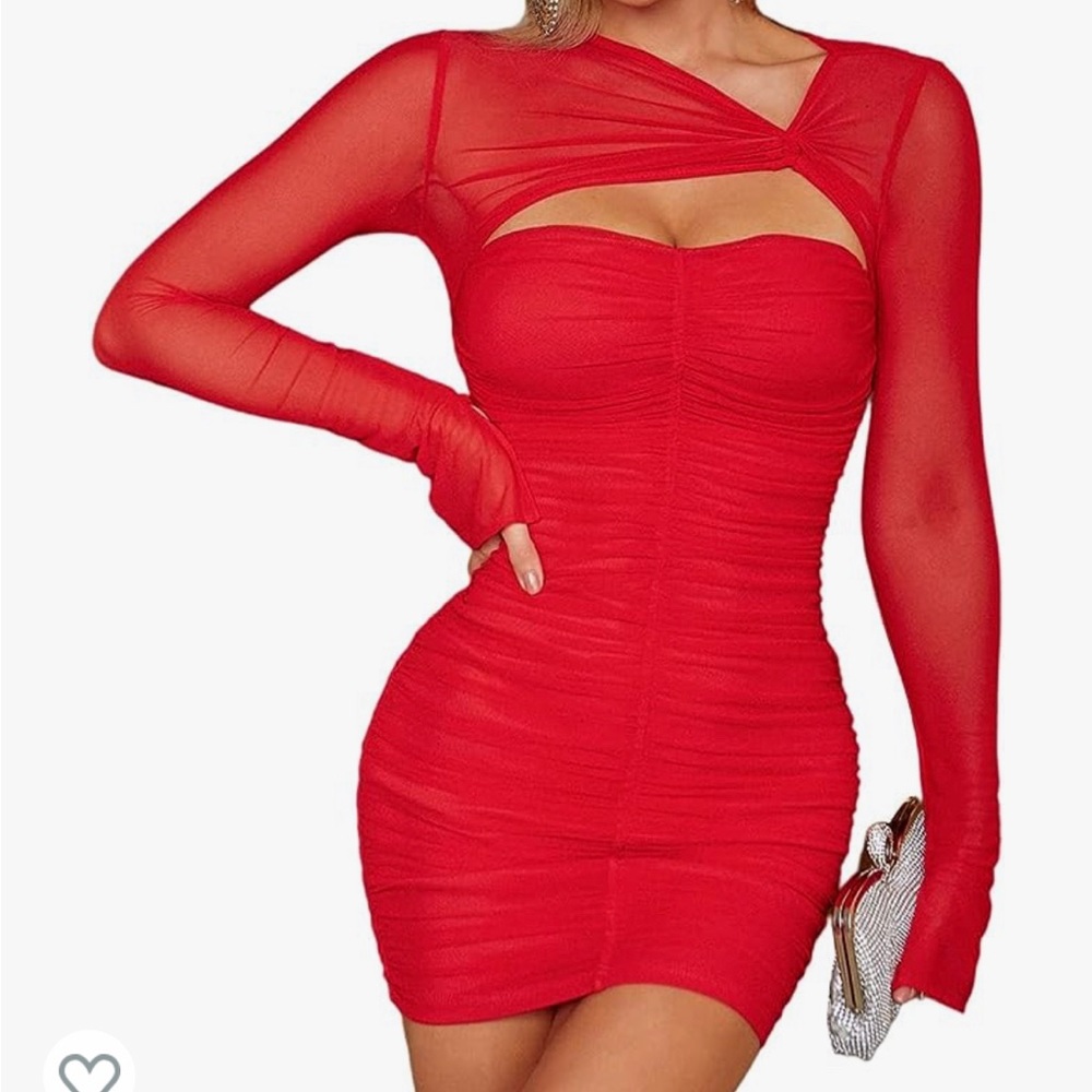 Long Sleeve Cut Out Mini Dress Sheer Mesh Ruched Bodycon